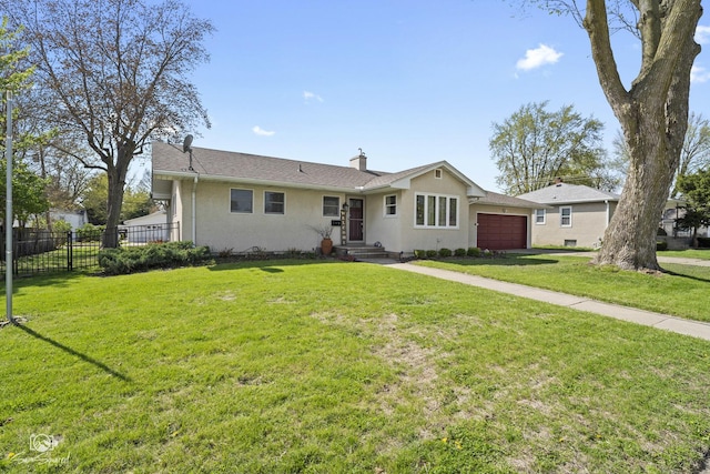 ranch-style home with a chimney, stucco siding, a front yard, fence, and a garage