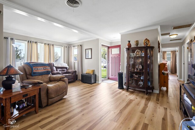 living area with baseboards, visible vents, crown molding, and light wood-style flooring