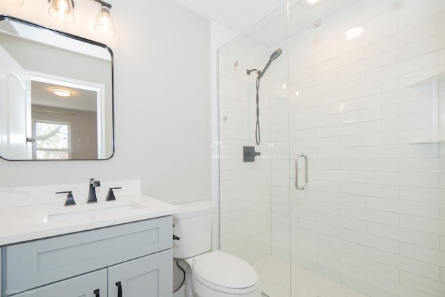 bathroom with toilet, a shower stall, and vanity
