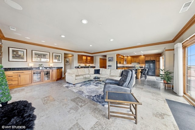 14 S Prospect St Unit 508, Roselle, IL 60172 - living area with ornamental molding, wine cooler, recessed lighting, and bar area