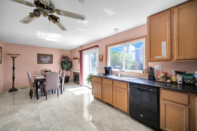 29W395 Greenbriar Ln, Warrenville, IL 60555 - kitchen featuring brown cabinets, ceiling fan, dark countertops, a sink, and black dishwasher