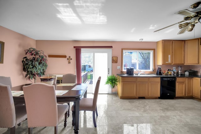 29W395 Greenbriar Ln, Warrenville, IL 60555 - kitchen featuring a sink, ceiling fan, dishwasher, and dark countertops