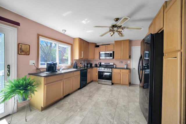 29W395 Greenbriar Ln, Warrenville, IL 60555 - kitchen featuring a sink, dark countertops, ceiling fan, and black appliances
