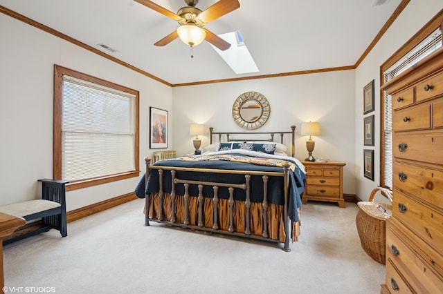 bedroom with visible vents, crown molding, and light carpet