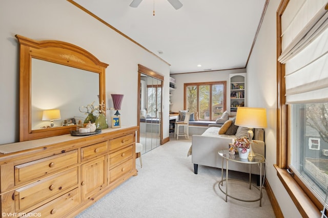 living area featuring recessed lighting, a ceiling fan, baseboards, and light carpet