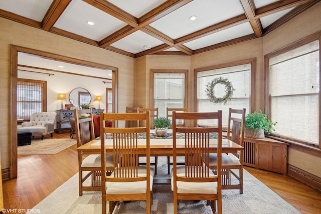 dining room featuring wood finished floors, beam ceiling, baseboards, and coffered ceiling