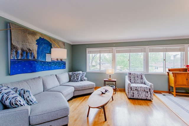 living room featuring crown molding, baseboards, and wood finished floors