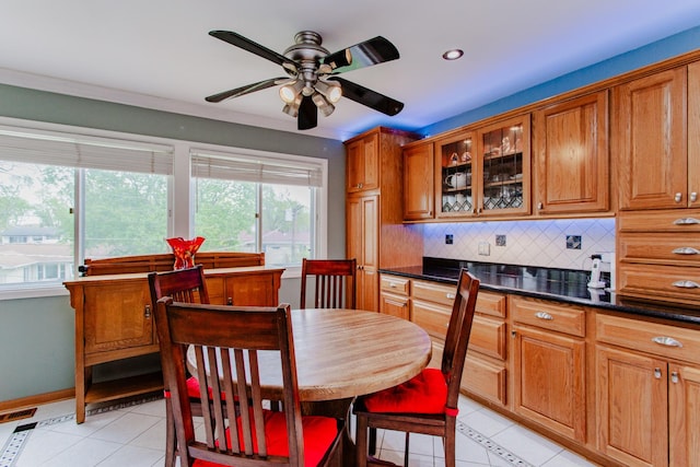dining room with visible vents, baseboards, recessed lighting, a ceiling fan, and light tile patterned floors