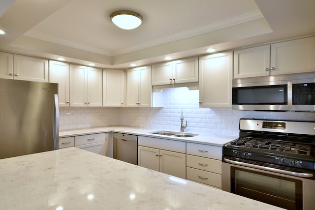 110 W Butterfield Rd Unit 214S, Elmhurst, IL 60126 - kitchen with crown molding, appliances with stainless steel finishes, a sink, and a raised ceiling