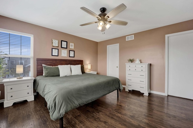 17412 Fox Bend Ln, Lockport, IL 60441 - bedroom with visible vents, a ceiling fan, baseboards, and dark wood-type flooring