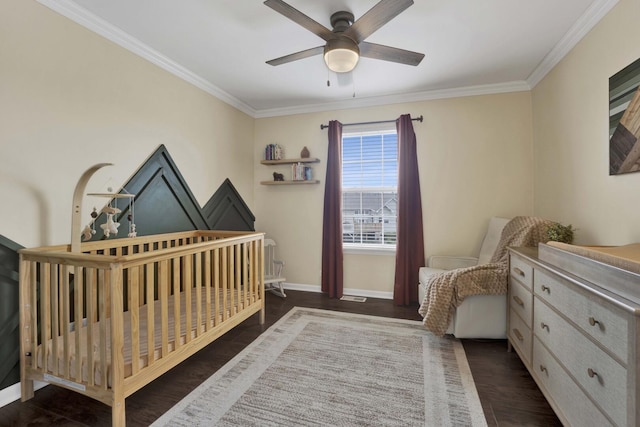 17412 Fox Bend Ln, Lockport, IL 60441 - bedroom with a ceiling fan, wood finished floors, a crib, baseboards, and ornamental molding