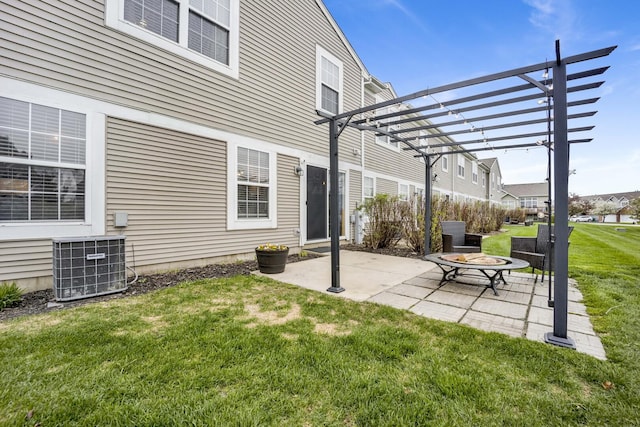 17412 Fox Bend Ln, Lockport, IL 60441 - view of patio featuring central AC unit, a fire pit, and a pergola