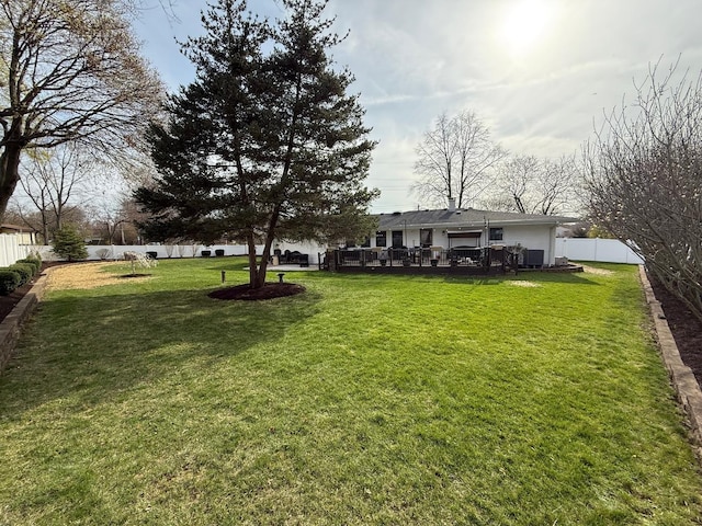 view of yard with a fenced backyard and a deck