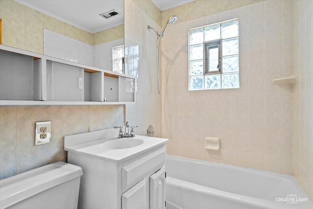 339 3rd St, Downers Grove, IL 60515 - full bath featuring toilet, visible vents, vanity, bathtub / shower combination, and crown molding