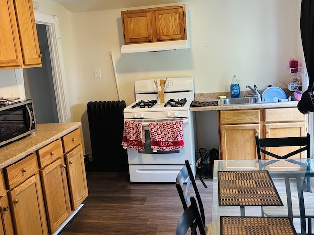 458 Morgan St, Elgin, IL 60123 - kitchen featuring white range with gas stovetop, under cabinet range hood, stainless steel microwave, dark wood finished floors, and light countertops