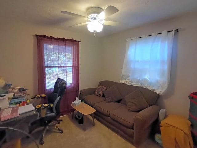 office area with a ceiling fan and carpet