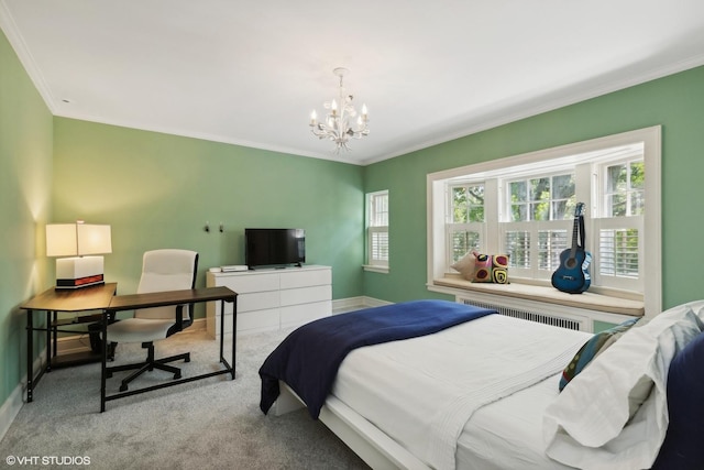 carpeted bedroom with multiple windows, radiator heating unit, ornamental molding, and an inviting chandelier