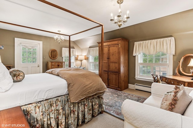 bedroom featuring baseboard heating, vaulted ceiling, carpet floors, and a chandelier