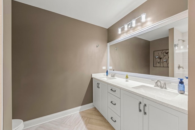 633 Bourbon Ct, Naperville, IL 60565 - bathroom featuring double vanity, toilet, walk in shower, and a sink