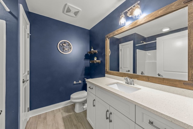 633 Bourbon Ct, Naperville, IL 60565 - full bath with wood finished floors, visible vents, toilet, baseboards, and walk in shower