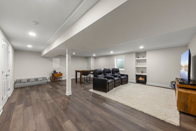 633 Bourbon Ct, Naperville, IL 60565 - living room with recessed lighting, dark wood finished floors, baseboards, and a lit fireplace