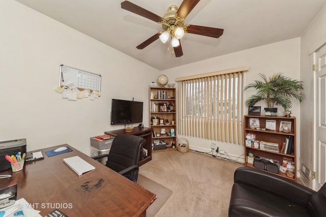 office featuring carpet flooring and ceiling fan
