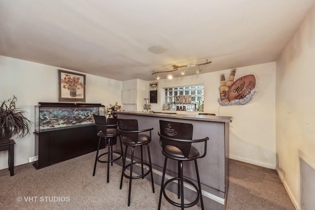 bar featuring carpet, wet bar, and baseboards