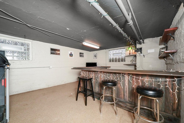 bar with carpet flooring and a bar