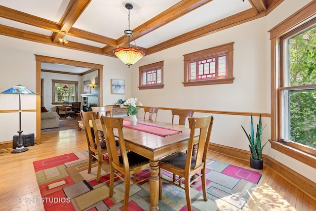 1515 W Glenlake Ave, Chicago, IL 60660 - dining space featuring plenty of natural light, wood-type flooring, beam ceiling, and coffered ceiling