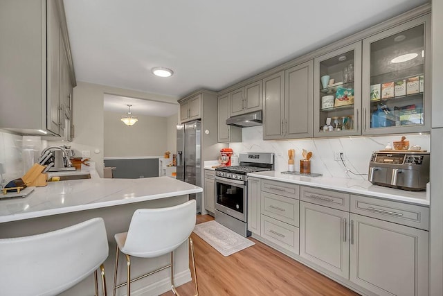 218 Oak Knoll Ct Unit D1, Schaumburg, IL 60193 - kitchen with stainless steel appliances, a sink, gray cabinets, under cabinet range hood, and light wood finished floors