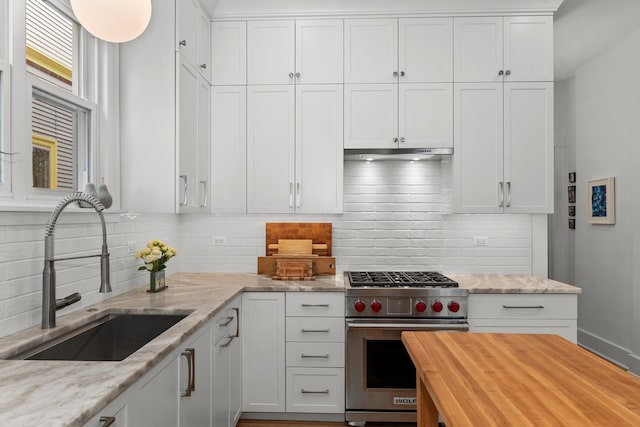 1942 Orrington Ave, Evanston, IL 60201 - kitchen with tasteful backsplash, white cabinets, a sink, and premium range