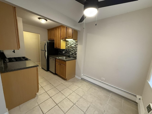 kitchen with baseboard heating, dark countertops, tasteful backsplash, ceiling fan, and stainless steel appliances