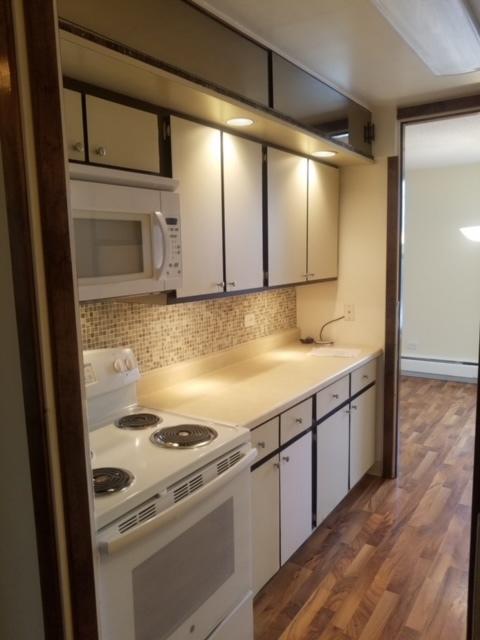 5401 S Hyde Park Blvd Unit 705, Chicago, IL 60615 - kitchen featuring baseboard heating, white appliances, light countertops, backsplash, and dark wood-style floors