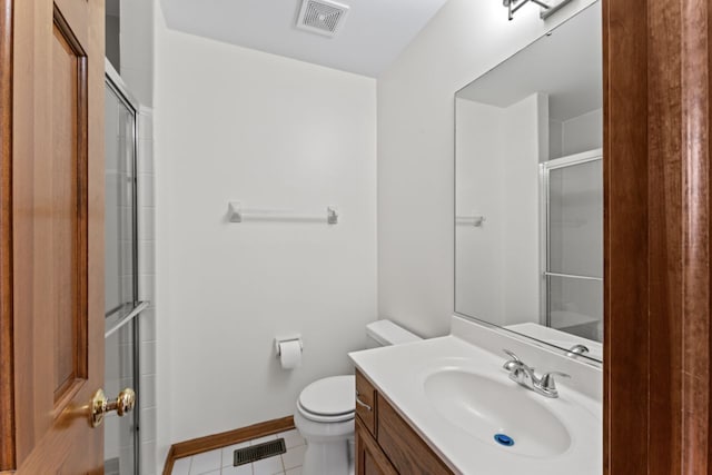 full bath with tile patterned floors, a shower with shower door, toilet, visible vents, and vanity