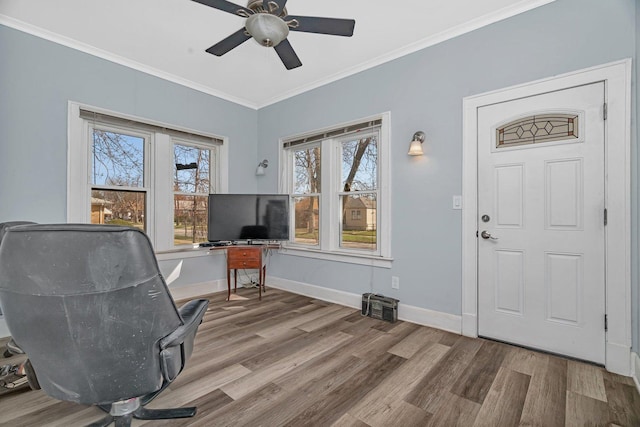 13916 S Dearborn St, Riverdale, IL 60827 - office area with wood finished floors, crown molding, ceiling fan, and plenty of natural light