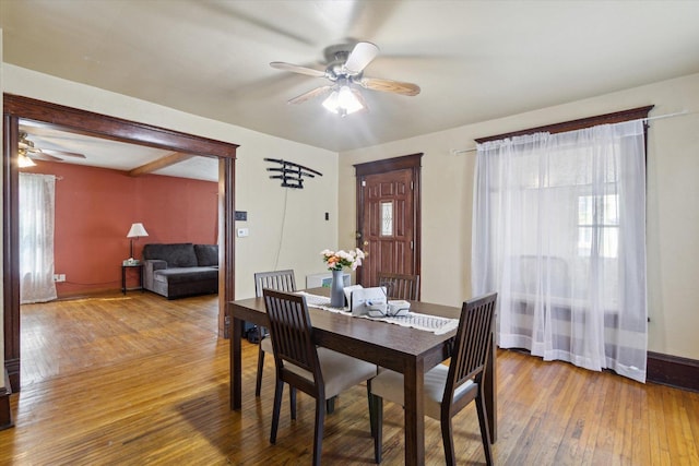 204 S Jackson Ave, Polo, IL 61064 - dining space featuring hardwood / wood-style floors, a ceiling fan, and baseboards