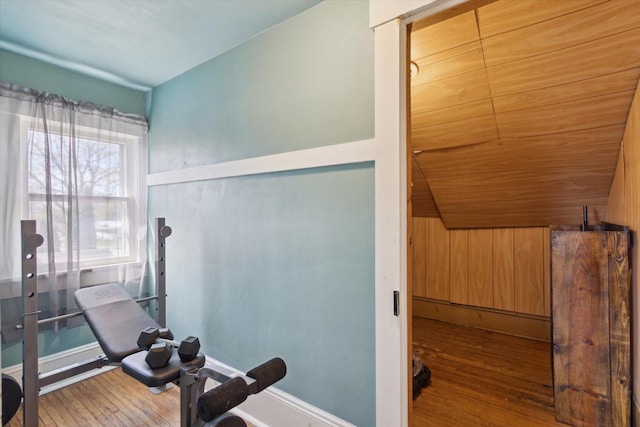 204 S Jackson Ave, Polo, IL 61064 - exercise area featuring wood-type flooring, vaulted ceiling, and baseboards