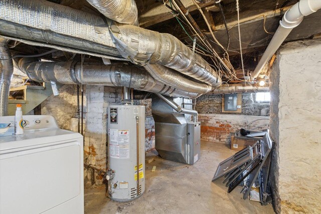 204 S Jackson Ave, Polo, IL 61064 - below grade area with gas water heater, heating unit, electric panel, and washer / clothes dryer