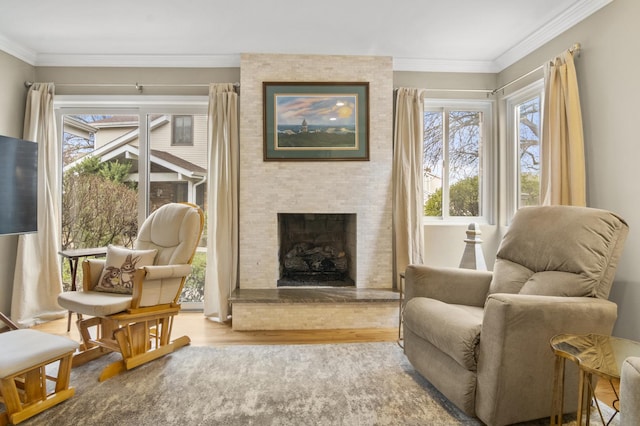 3104 Antelope Springs Rd, Northbrook, IL 60062 - sitting room featuring ornamental molding, wood finished floors, and a fireplace