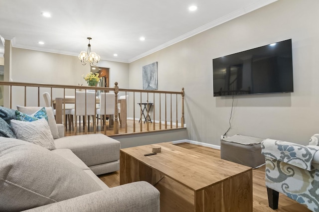 3104 Antelope Springs Rd, Northbrook, IL 60062 - living area featuring crown molding, baseboards, recessed lighting, wood finished floors, and a notable chandelier
