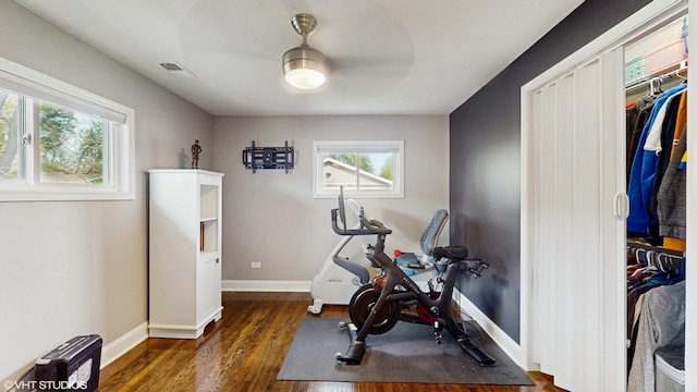 5743 Sherman Ave, Downers Grove, IL 60516 - workout area with visible vents, a ceiling fan, baseboards, and dark wood-type flooring
