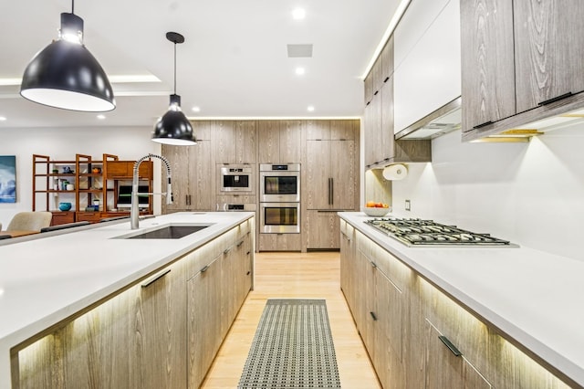 1350 W Walton St Unit 1W, Chicago, IL 60642 - kitchen with a sink, appliances with stainless steel finishes, light countertops, light wood finished floors, and pendant lighting