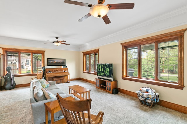 1616 Riverside Ave, Saint Charles, IL 60174 - living area featuring carpet, baseboards, crown molding, and a ceiling fan