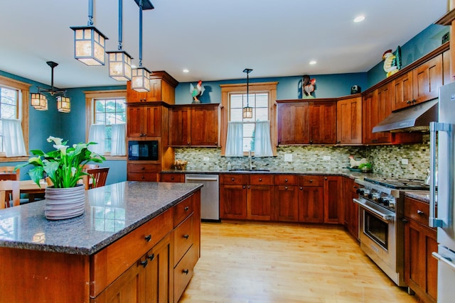 605 Ashland Ave, River Forest, IL 60305 - kitchen featuring a sink, decorative backsplash, appliances with stainless steel finishes, light wood finished floors, and under cabinet range hood