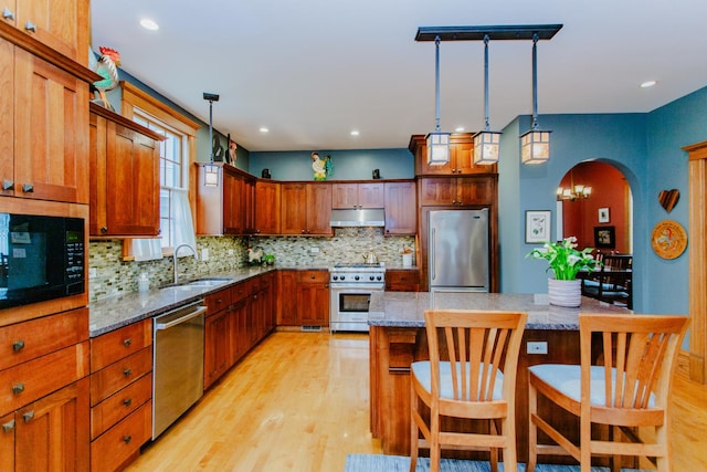 605 Ashland Ave, River Forest, IL 60305 - kitchen featuring decorative backsplash, a sink, appliances with stainless steel finishes, under cabinet range hood, and arched walkways