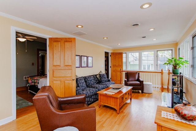 605 Ashland Ave, River Forest, IL 60305 - living area with crown molding, light wood-style floors, visible vents, and recessed lighting