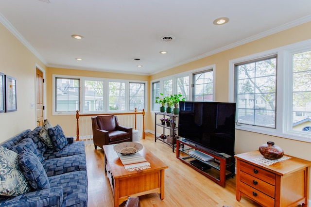 605 Ashland Ave, River Forest, IL 60305 - living area featuring baseboards, crown molding, light wood-style floors, and recessed lighting