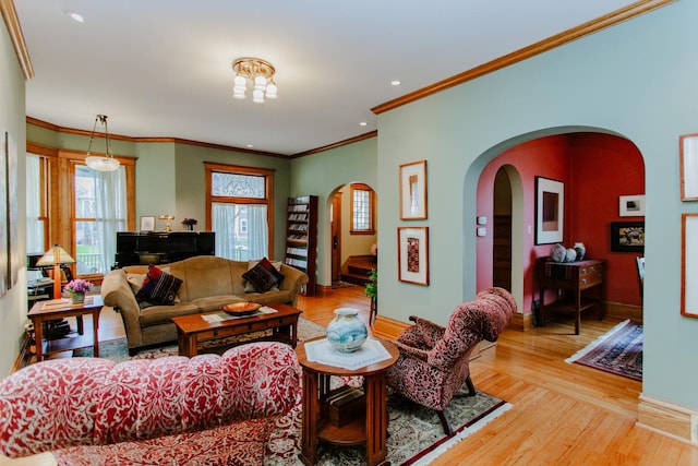 605 Ashland Ave, River Forest, IL 60305 - living area with baseboards, arched walkways, wood finished floors, and crown molding