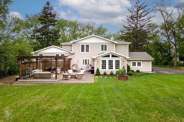 301 Canterbury Ln, Inverness, IL 60010 - rear view of property with outdoor lounge area, a pergola, a wooden deck, and a chimney