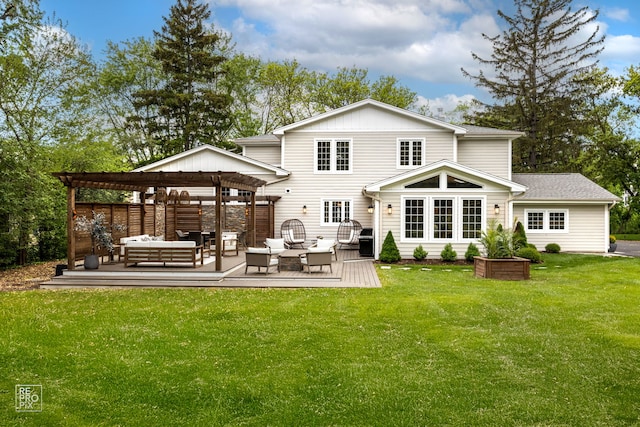 301 Canterbury Ln, Inverness, IL 60010 - rear view of property featuring an outdoor hangout area, a wooden deck, a lawn, and a pergola